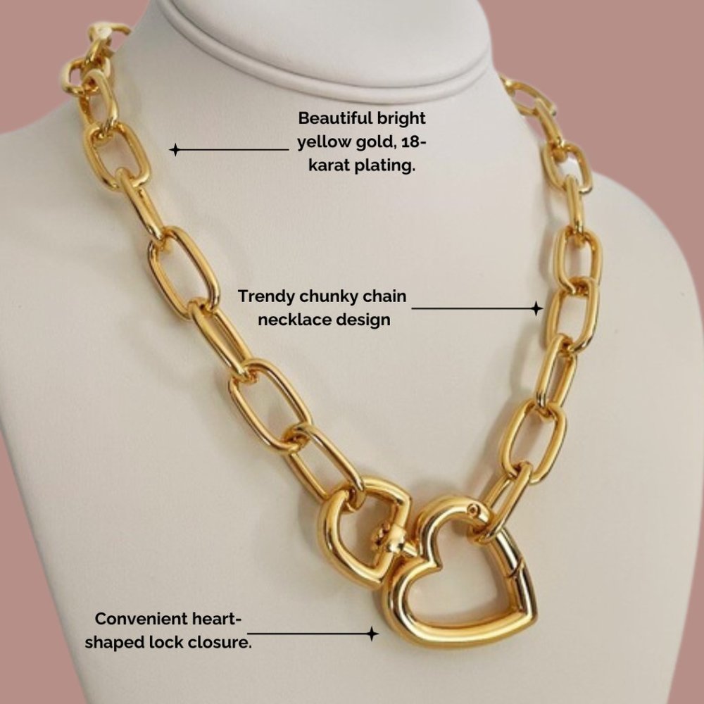 18k Gold-Plated Heart-Lock Chunky Chain Necklace - Picture 3 of 6